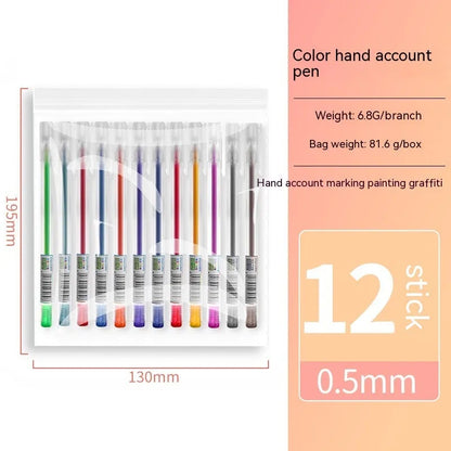 Boxed set of twelve coloured gel pens with 0.5 mm fine tips for journal and office stationery