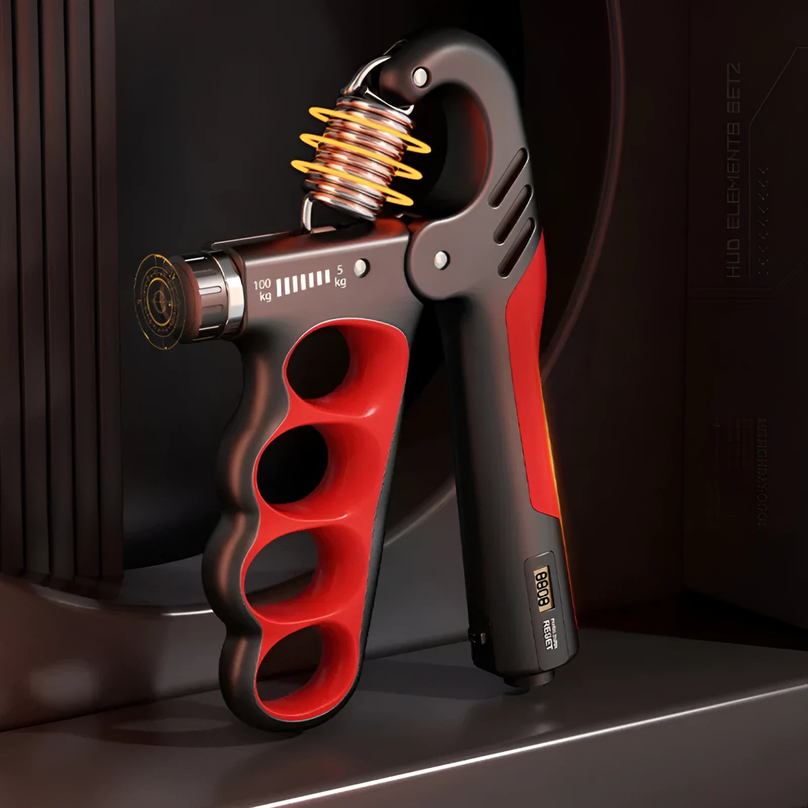 Adjustable electronic count spring gripper in orange, red, or grey with digital display.