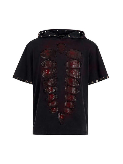 Black men's hooded short-sleeved T-shirt covered in shimmering sequins with a loose fit.