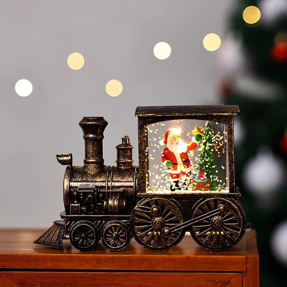 Christmas train night lamp with tree design measuring 13x5x8.8cm in painted or brushed gold finish