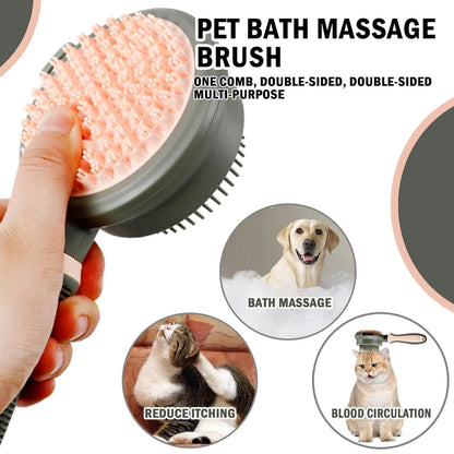 Pink double-sided cat brush with release button showing smooth brush side and flea comb side for grooming indoor cats