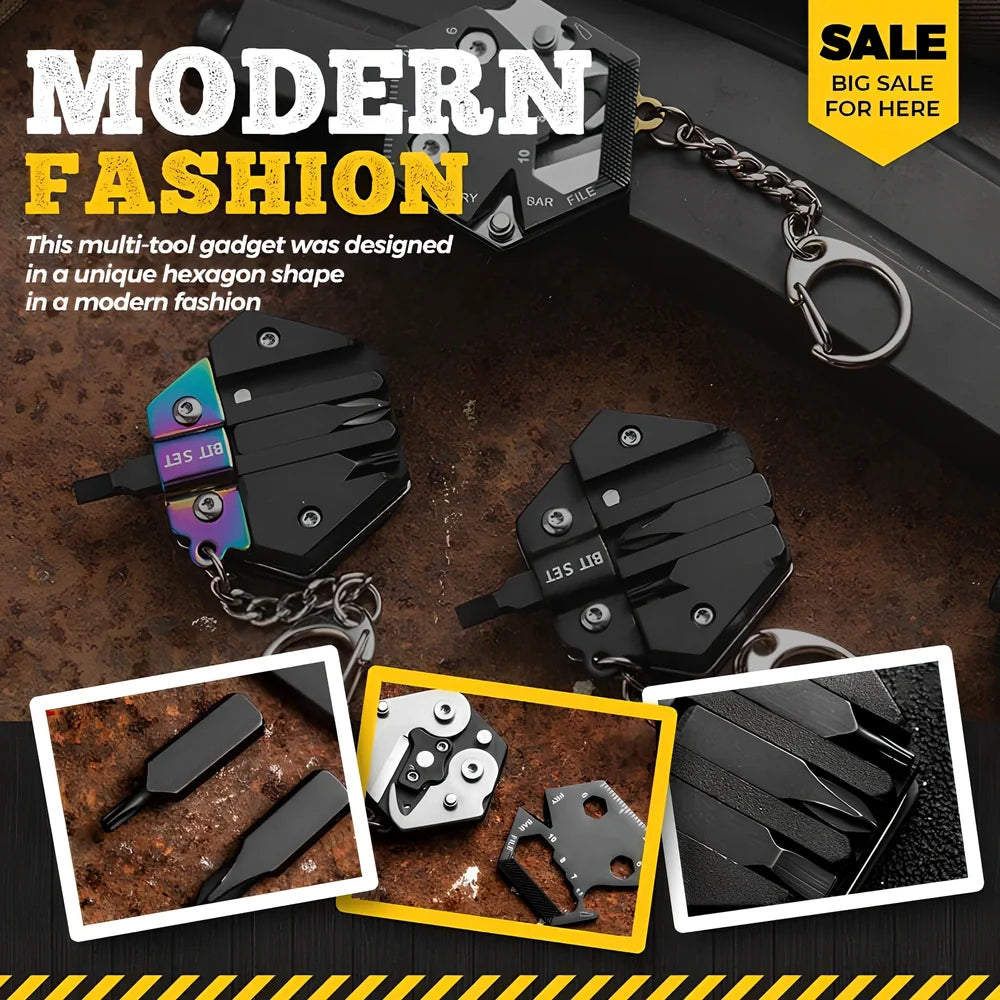 Black multifunctional hexagon keychain knife, 38mm x 13mm stainless steel tool with 2cm blade and key ring