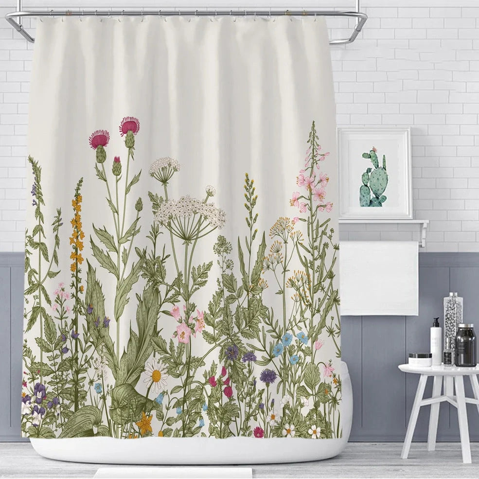 Floral plant shower curtain with Nordic Green Leaf pattern and colourful flowers on polyester fabric