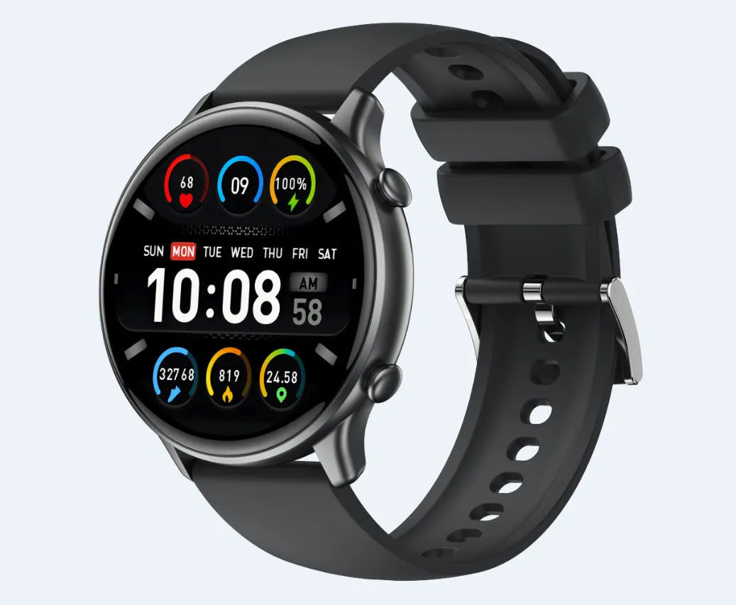 Round touch screen smart sports watch with silicone strap, showing heart rate and sleep monitoring display.