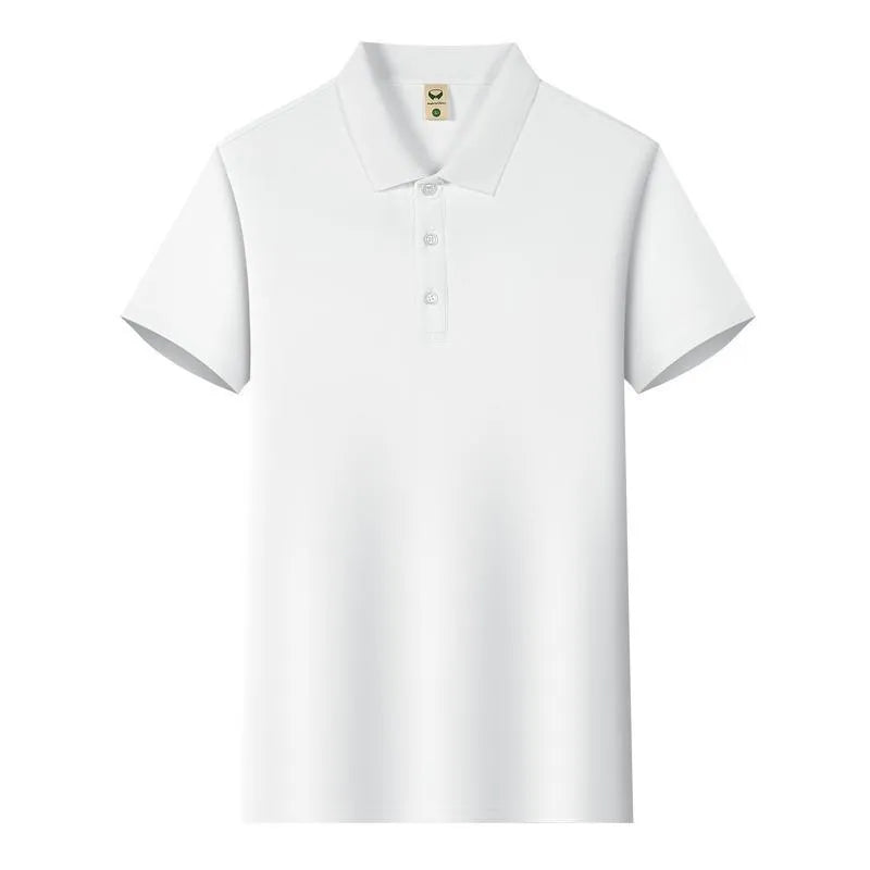 Man's short sleeve Ice Silk lapel business shirt shown in multiple colours including black, navy, and light blue.