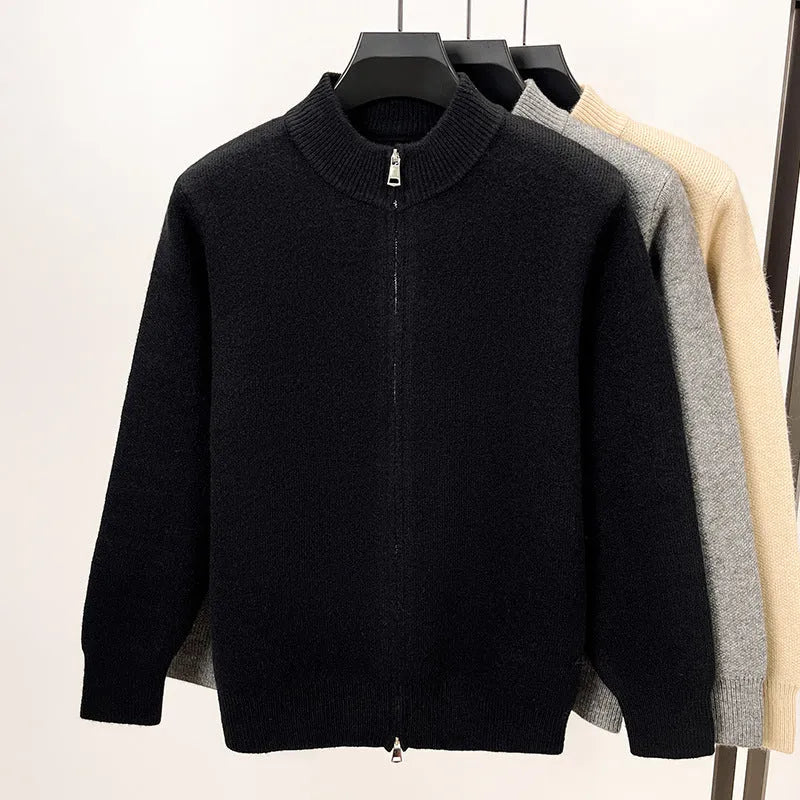 Men's black stand collar knitted cardigan with zipper front in loose fit thickened construction