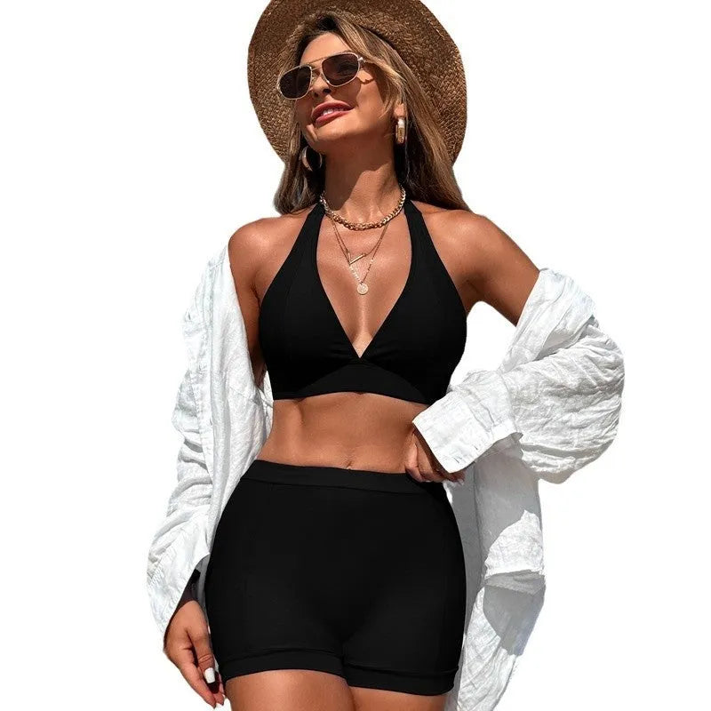 Women's two-piece bikini swimsuit in nylon with polyester lining, colours black pink purplish blue sapphire blue