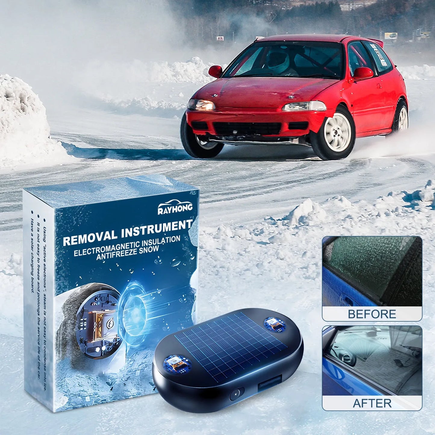 Portable car anti-freezing tool with dimensions 5x2.6x1.5cm and double-sided tape mounting