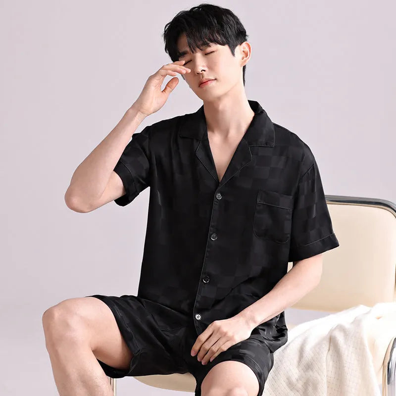 Men's artificial silk pyjama set with cardigan top and short trousers in a satin jacquard pattern.