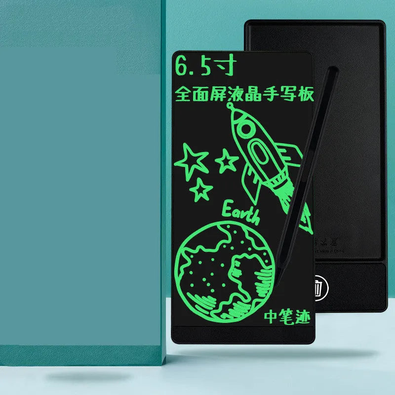 Blue student LCD handwriting board with 6.5 inch screen and stylus on a desk.
