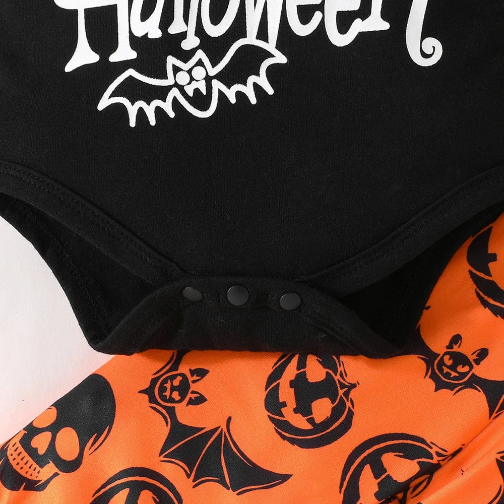 Baby wearing Halloween jumpsuit, trousers, and hat set with letters pattern and removable hood