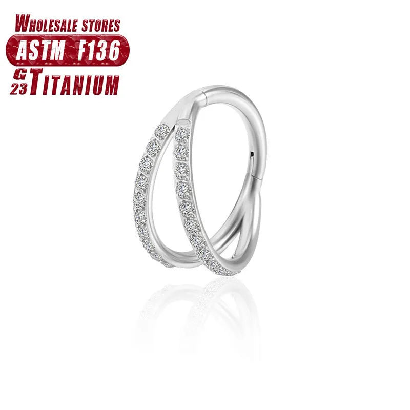 Titanium alloy fork nose ring with diamond treatment in silver finish, showing 1.2mm diameter and fork design