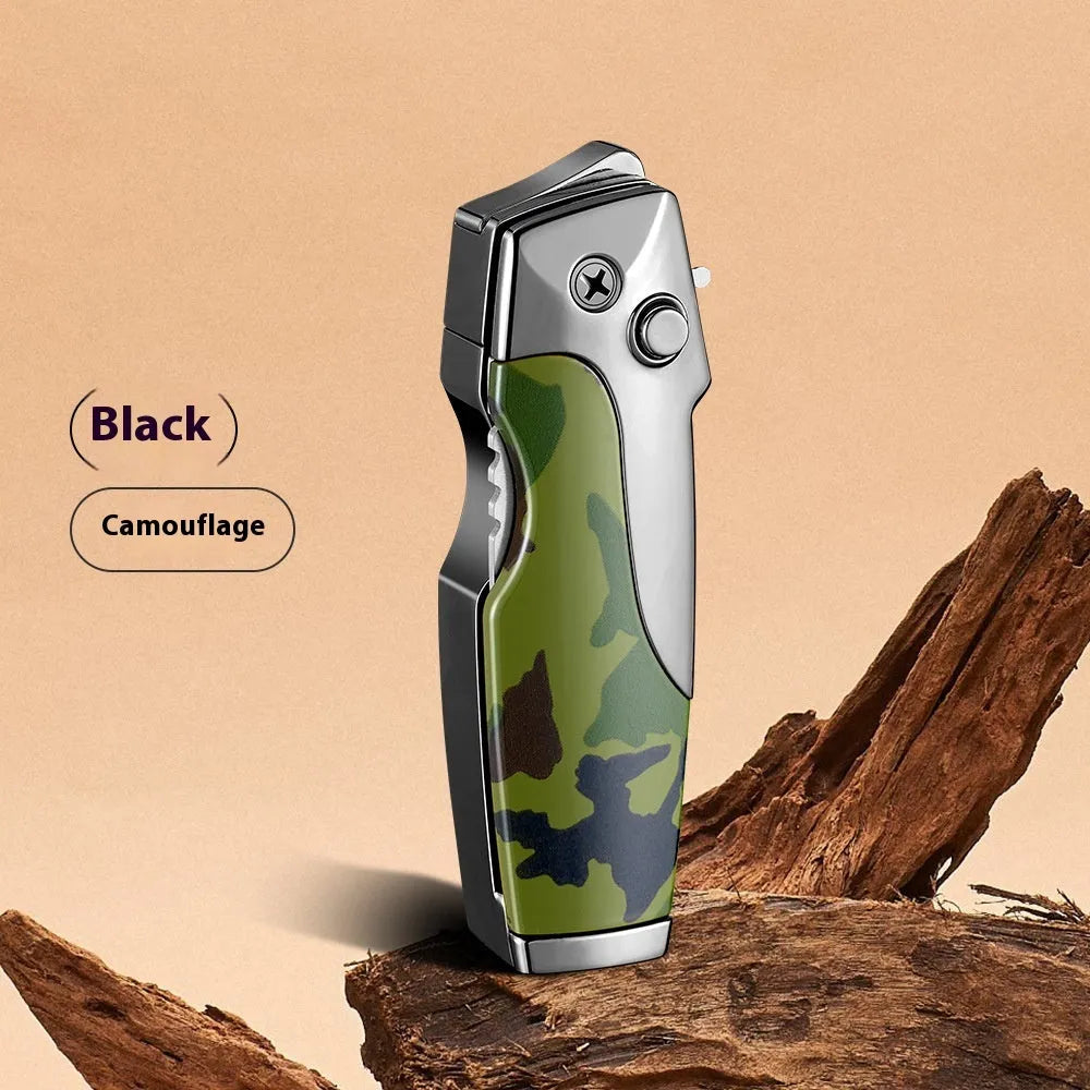 Metal folding lighter with integrated knife showing zinc alloy construction and safety lock mechanism