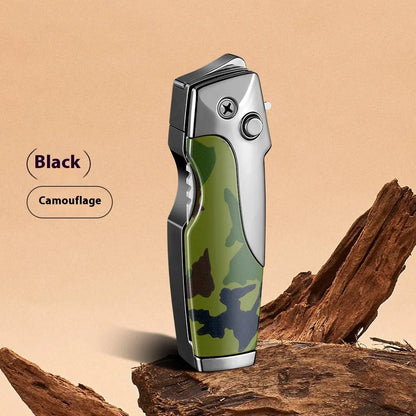 Metal folding lighter with integrated knife showing zinc alloy construction and safety lock mechanism