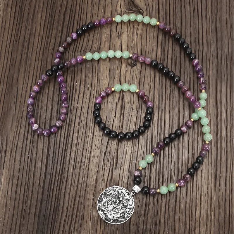 Long yoga necklace with geometric lotus pendant and stone beads, matching bracelet, adjustable 51-80cm chain