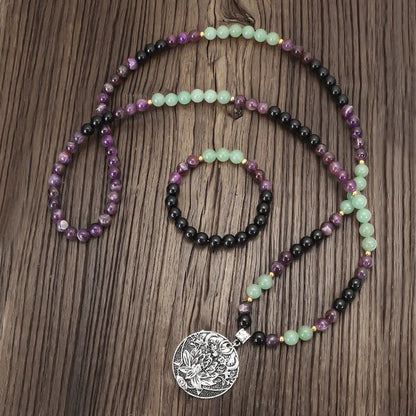 Long yoga necklace with geometric lotus pendant and stone beads, matching bracelet, adjustable 51-80cm chain