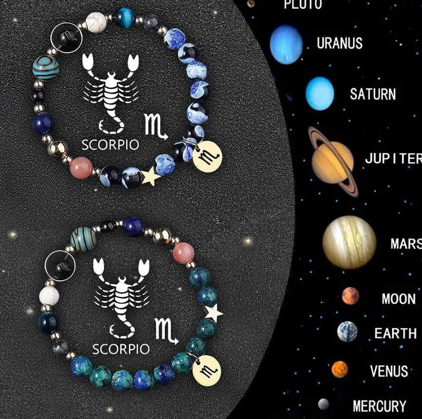 Twelve Zodiac Sign beaded bracelet set with natural stone beads and adjustable closure on wrist