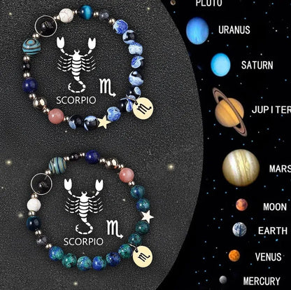 Twelve Zodiac Sign beaded bracelet set with natural stone beads and adjustable closure on wrist