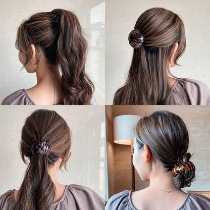 Adjustable ponytail hair accessory with flexible teeth, available in various colors, designed for easy, natural-looking hairstyles