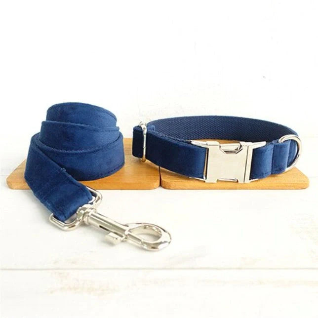 A stylish dark blue velvet pet collar with a matching bow tie accessory, perfect for dressing up your dog