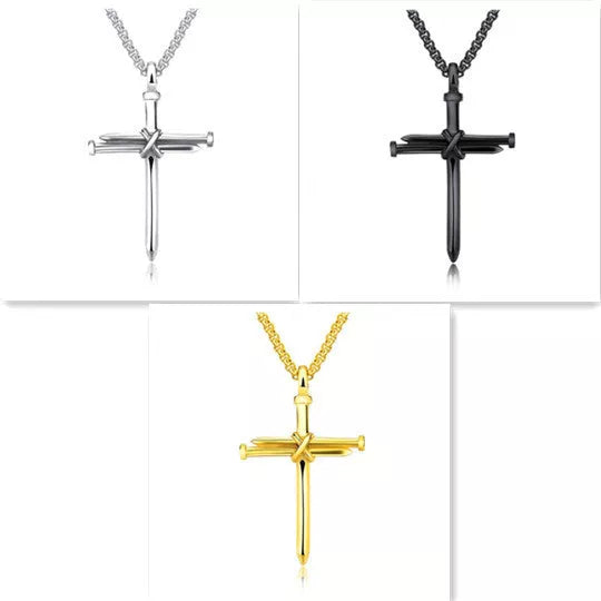 Stainless steel cross pendant necklace with 3mm round box chain in silver, black, gold, and rose gold finishes
