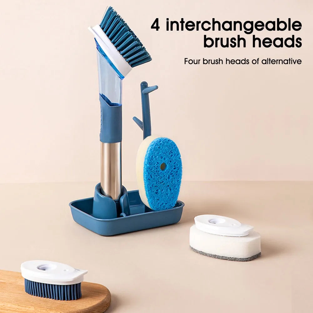 Long-handled kitchen cleaning brush with a soap dispenser button and a blue sponge head