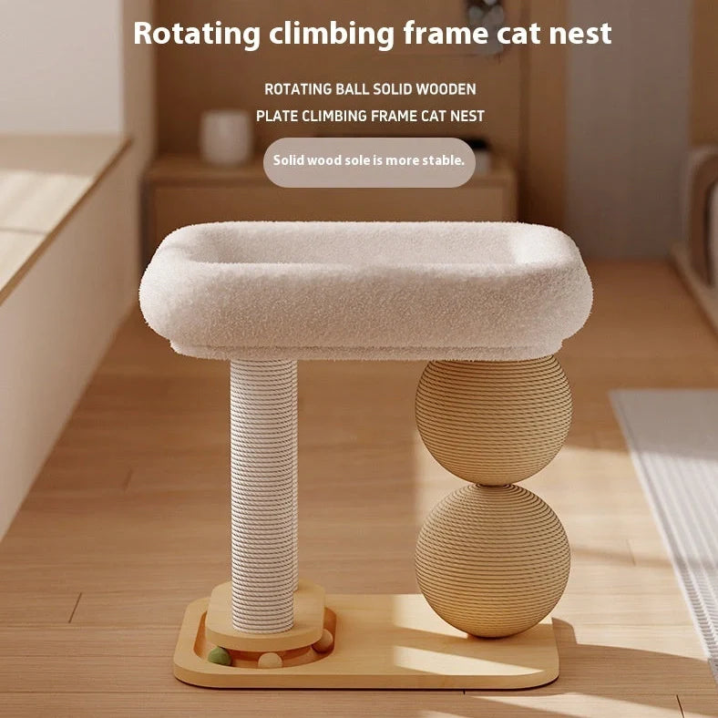 Solid pine cat nest with double ball posts on 40cm square base, showing scratching and resting functions