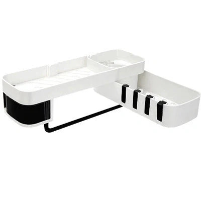 Double-layer wall-mounted storage shelf in black and grey, showing rotating feature and compartments