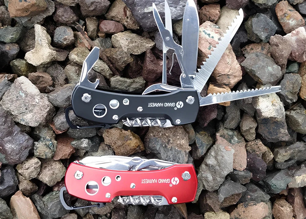 Black handled multifunctional folding army knife open to 22cm with stainless steel blade for fishing and outdoor use