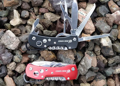 Black handled multifunctional folding army knife open to 22cm with stainless steel blade for fishing and outdoor use