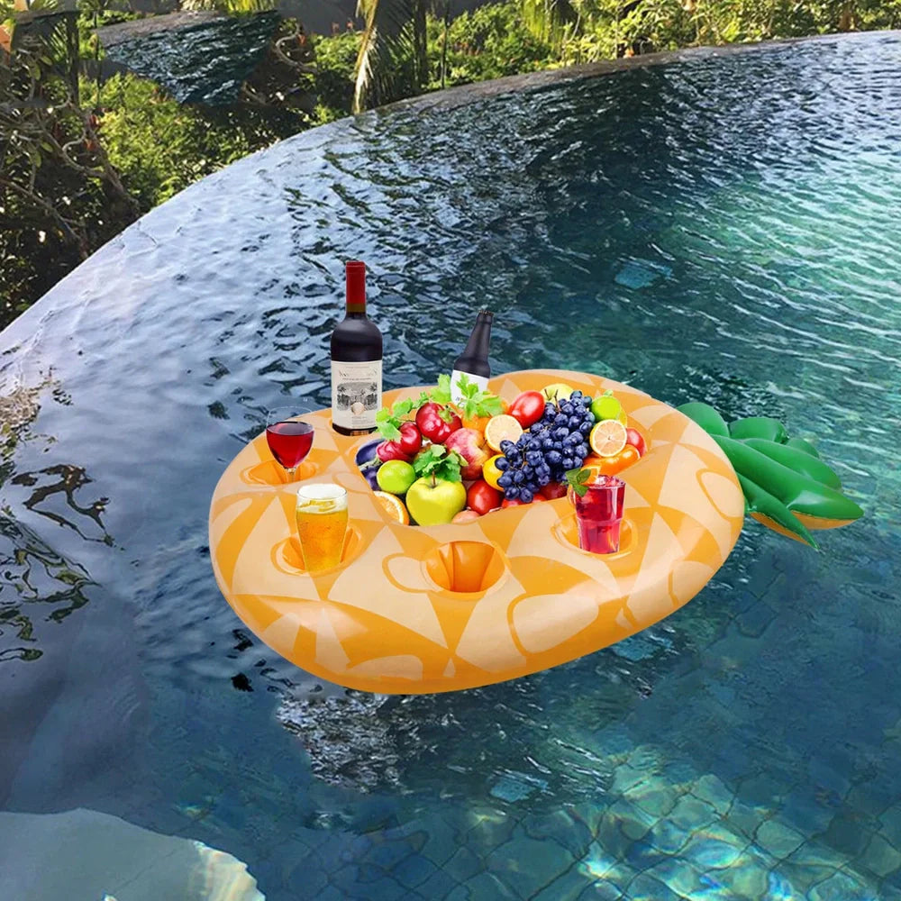 Yellow pineapple-shaped inflatable float with drink holders on 30cm platform