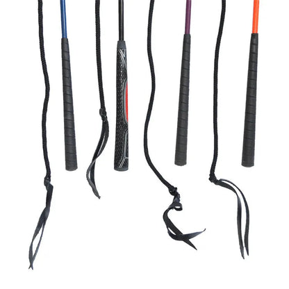 Advanced equestrian training whip made of nylon and fibreglass on a plain background.