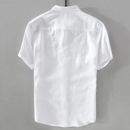Men's light blue short sleeve linen blend casual shirt with a loose fit.