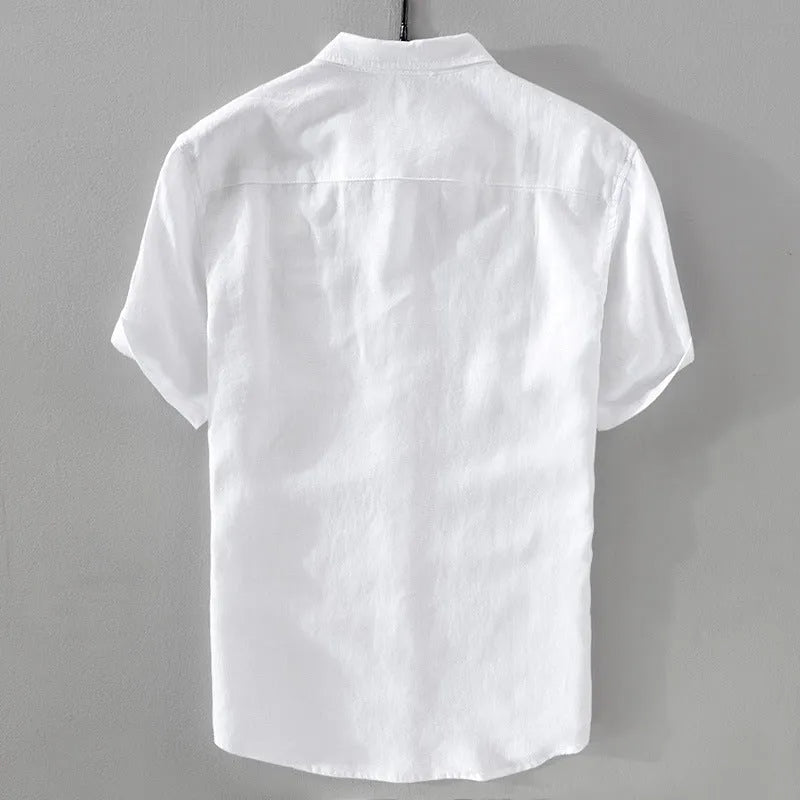 Pure Linen Shirt Men's Short Sleeve Breathable Solid Colour Casual Wear Loose Fit Cotton Linen Blend Shirt For Leisure Summer In Multiple Sizes And Colours Including Dark Blue Sky Blue Apricot White And Army Green