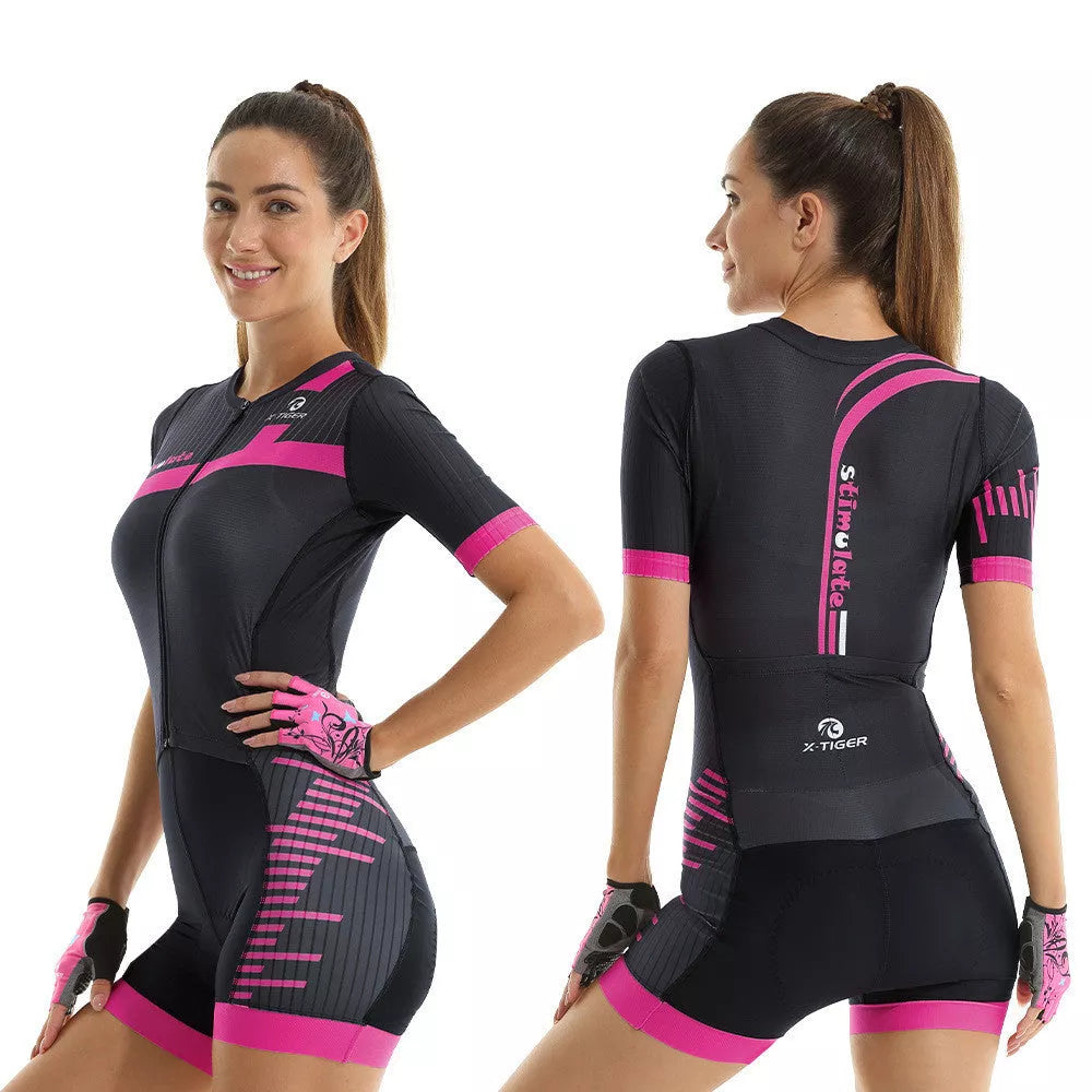 Women's summer cycling one-piece in breathable polyester fabric, available in four colors.