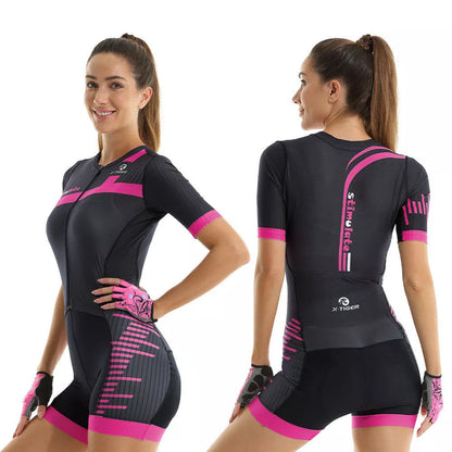 Women's summer cycling one-piece in breathable polyester fabric, available in four colors.