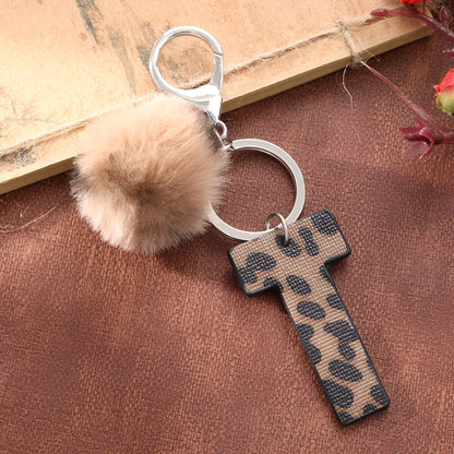 Leopard-print artificial leather keychain with oil-edged acrylic letter and included key ring, retro style