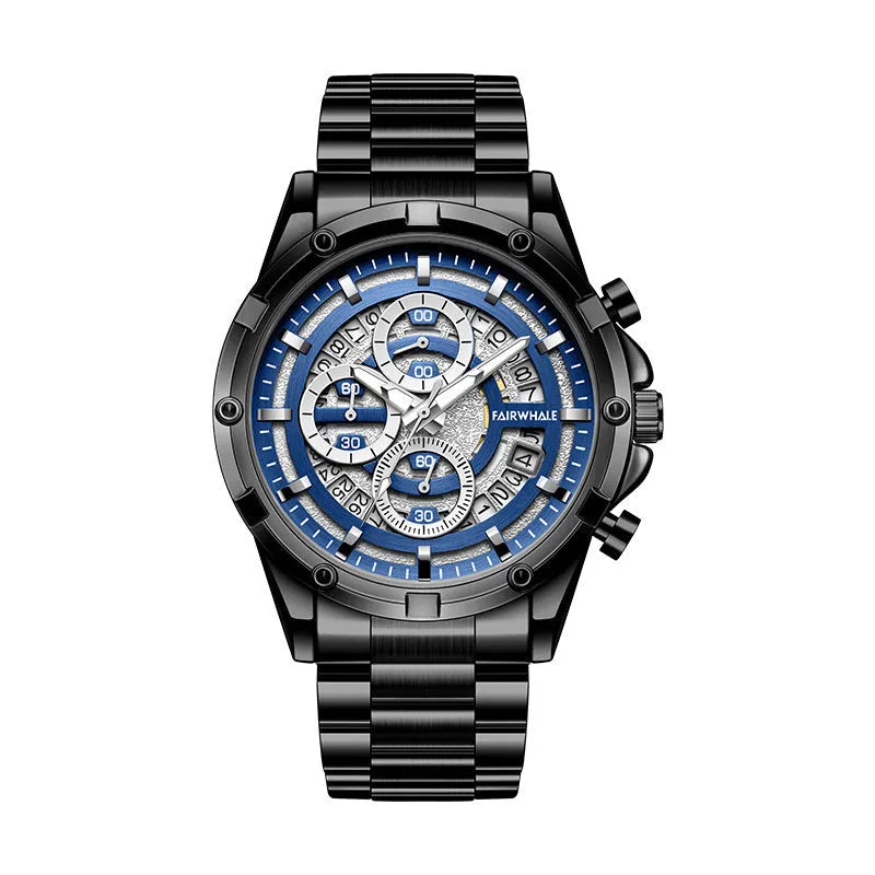 Men's waterproof luminous casual quartz watch with a steel belt, shown in black/blue, black/gold, and silver/white colour options.