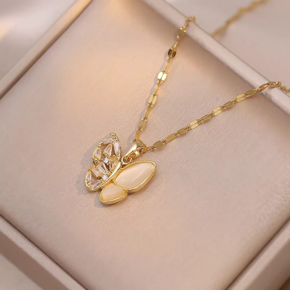 Women's Opal Butterfly Pendant Necklace in titanium steel with gold or steel color options