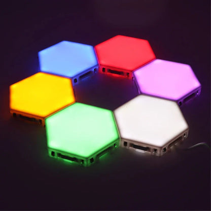 Hexagonal honeycomb wall lamp with touch control for 7 colour options and adhesive mounting system