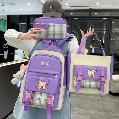 Large capacity plaid three-piece school backpack set in nylon with pink, blue, black, or purple colour options for junior high students