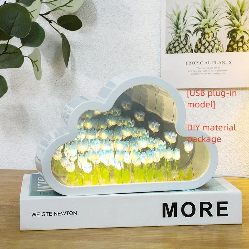 DIY Tulip Night Lamp with LED lights and decorative mirror in pink, purple, and blue