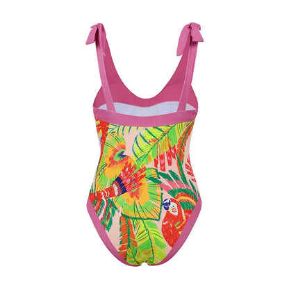 Pink floral print women's retro swimsuit with V-neck and attached thin skirt cover