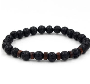 Stylish men's bracelet made with natural volcanic stone, flash stone, and wood chip in a geometric, mosaic-like design