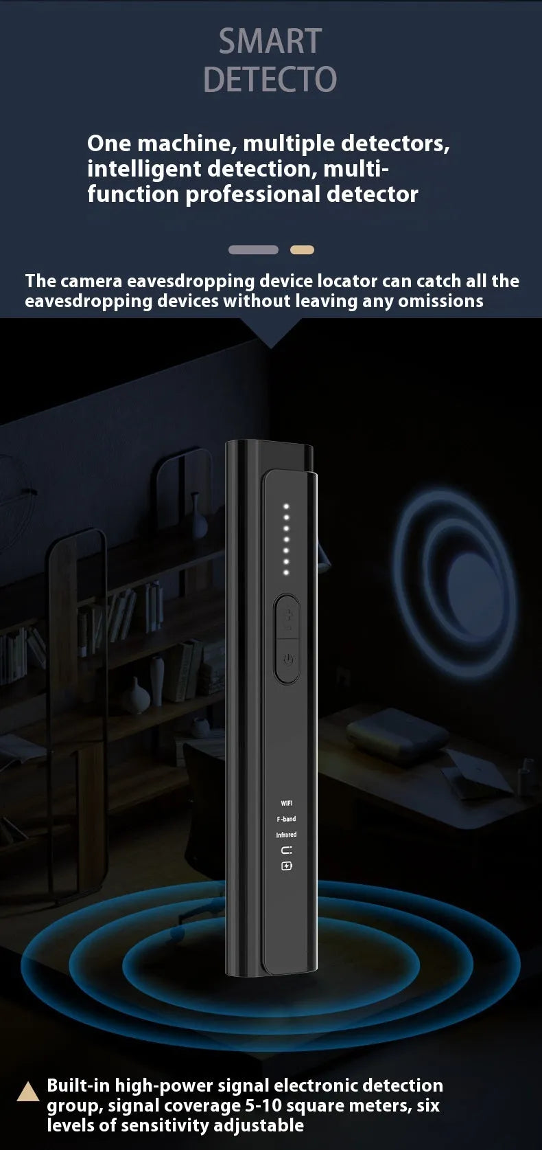 Black and silver handheld Signal Search anti spy camera detector on a plain background.