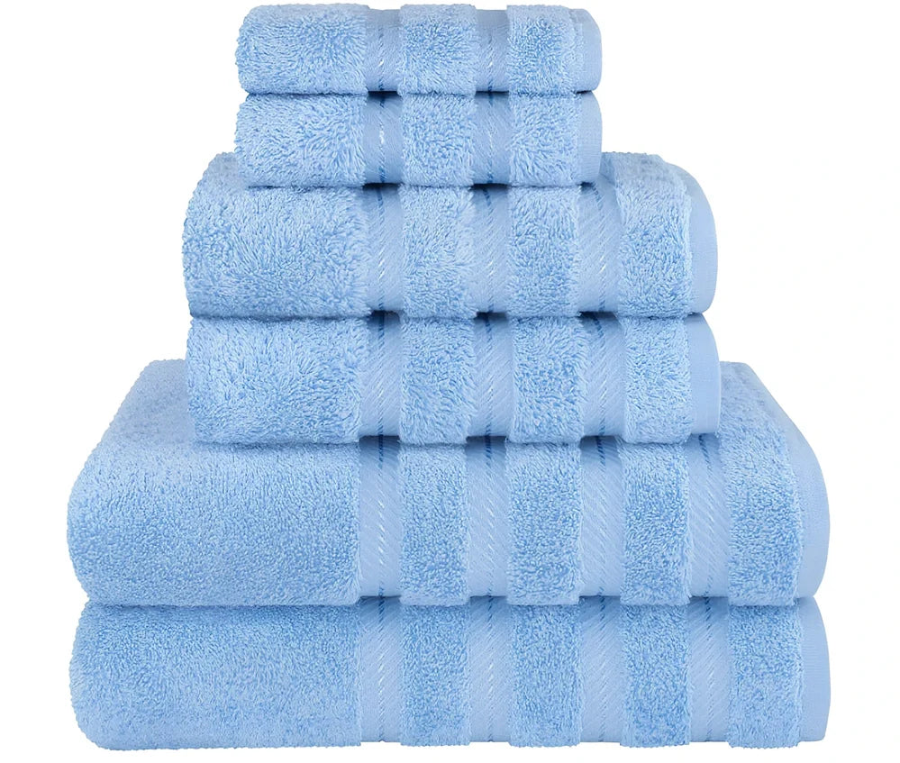 Long staple cotton towel set with three sizes: face cloth, hand towel, and bath sheet in navy blue
