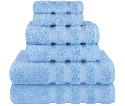 Long staple cotton towel set with three sizes: face cloth, hand towel, and bath sheet in navy blue