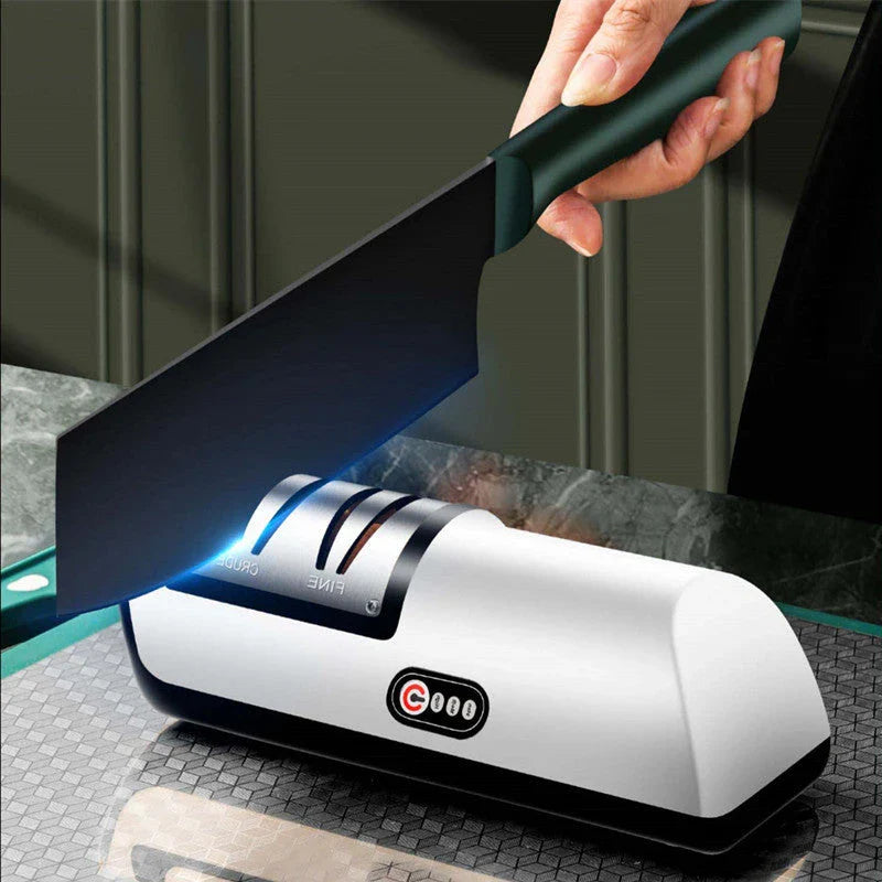 Electric knife sharpener with USB recharging, adjustable settings, and modern design for precise, easy blade honing