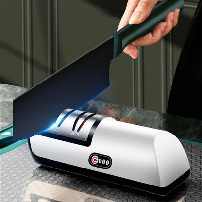 Electric knife sharpener with USB recharging, adjustable settings, and modern design for precise, easy blade honing