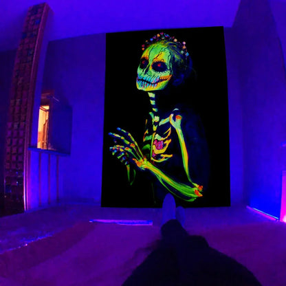 Fluorescent tapestry with psychedelic mushroom pattern glowing under UV light, measuring 150x130cm